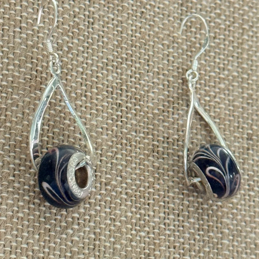 Pandora S925 sterling silver murano glass dangle earrings swirl black pink - Picture 2 of 3